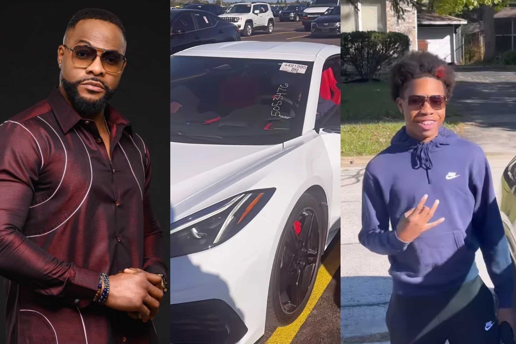 “Do a video with your wife and children” – Fan tells Bolanle Ninalowo as he buys his son a new Corvette Sports car for his 18th birthday (Video)